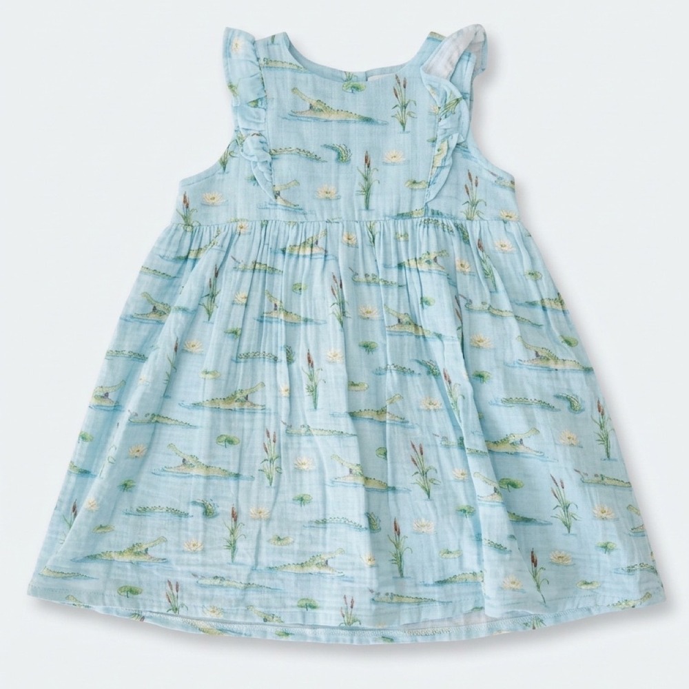 Nola Tawk Girls Alligator Gator Print 100% Organic Cotton Gauze Dress Blue 4T 5T